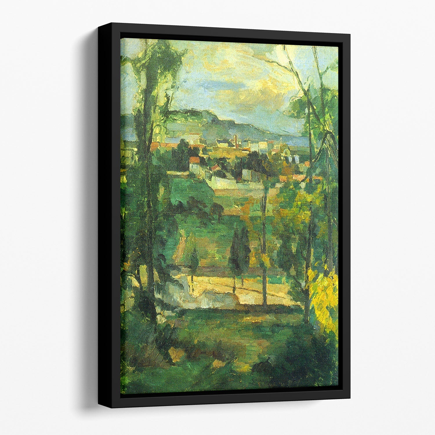 Floating framed artwork of Village behind the trees by Cezanne, showcasing vibrant colors and elegant design.